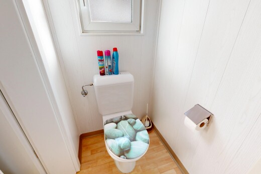 salle de bains avec toilette, sol en finition bois, wood finish floor, inside property, et light floor