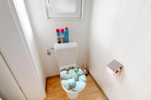 salle de bains avec toilette, sol en finition bois, wood finish floor, inside property, et light floor