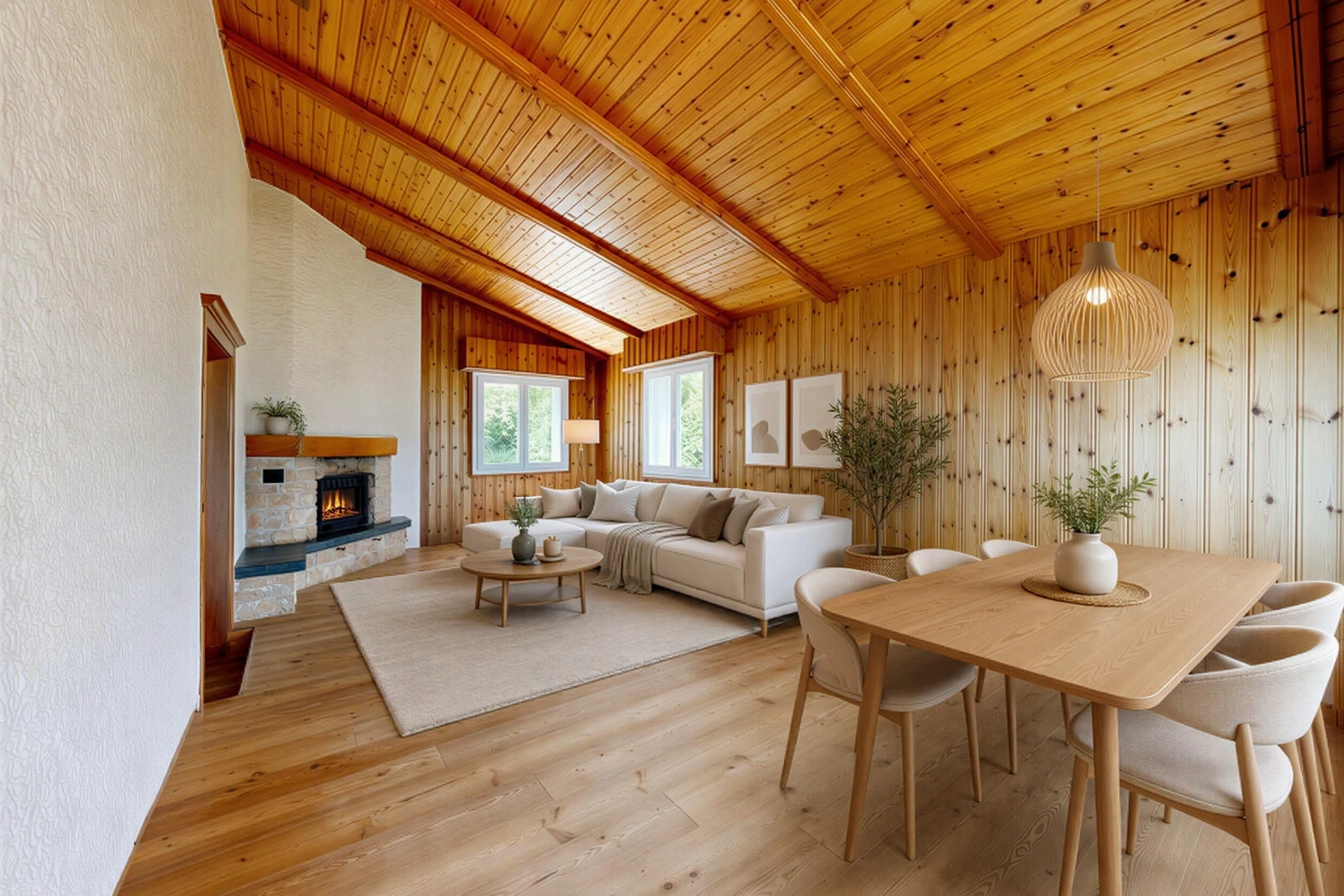 pièce vide avec vaulted ceiling, plafond voûté, beamed ceiling, plafond à poutres, et wood finish floor