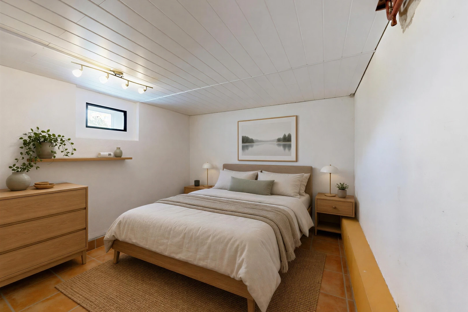 pièce vide avec éclairage sur rail, lumière naturelle, sous-sol, inside property, et cloison sèche