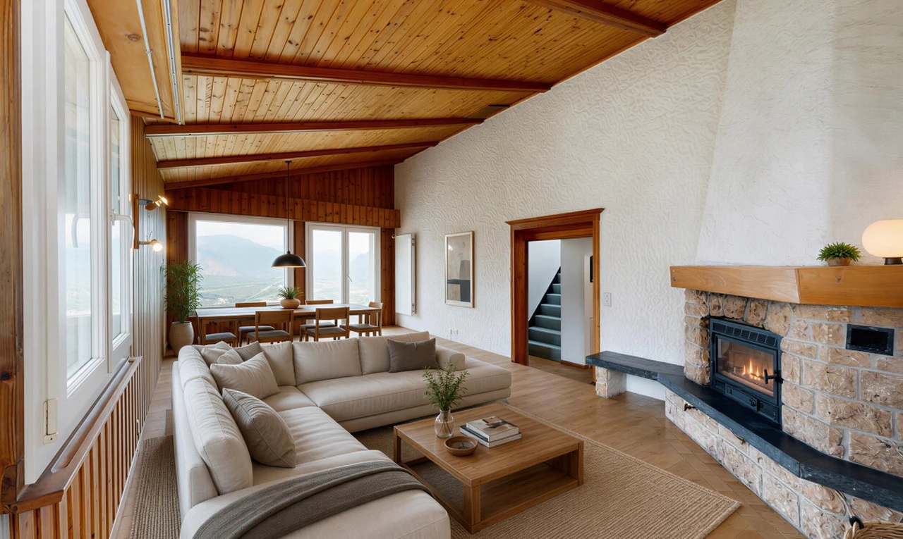 salon avec vaulted ceiling, plafond voûté, cheminée, wood ceiling, et plafond en bois