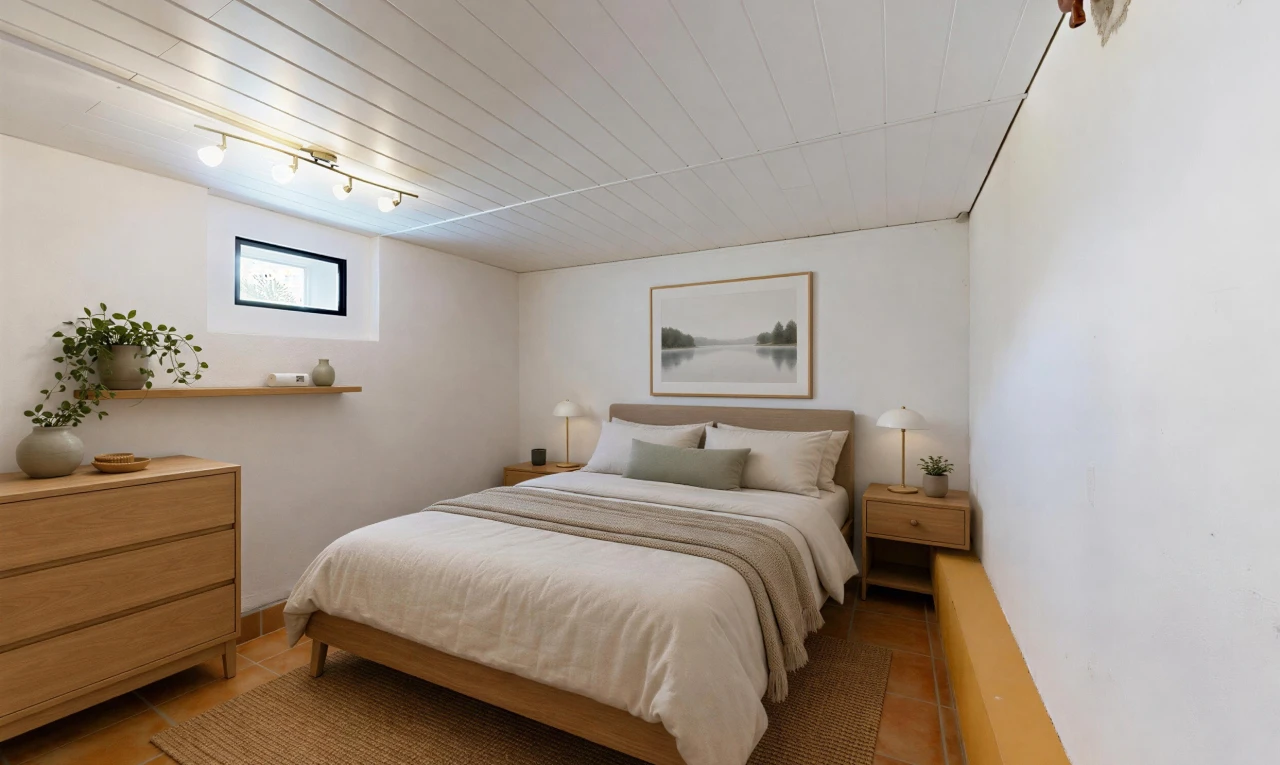 pièce vide avec éclairage sur rail, lumière naturelle, sous-sol, inside property, et cloison sèche