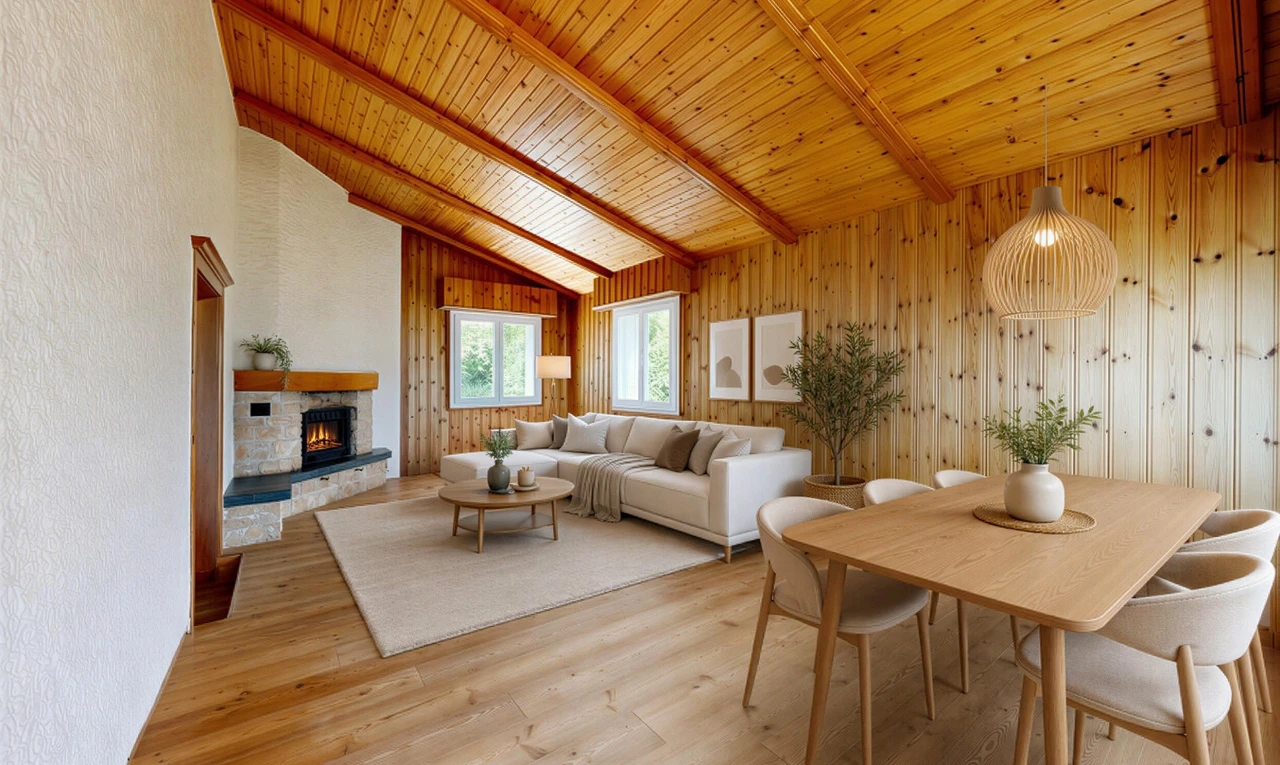 pièce vide avec vaulted ceiling, plafond voûté, beamed ceiling, plafond à poutres, et wood finish floor
