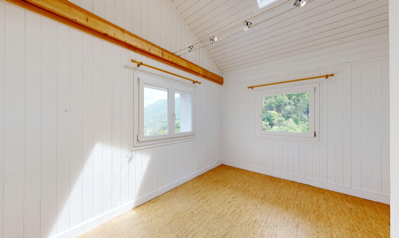 pièce vide avec wood wall, mur en bois, vaulted ceiling, plafond voûté, et lumière naturelle