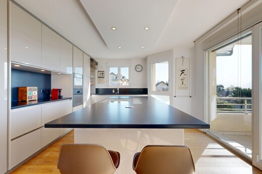 küche mit dark countertops, arbeitsplatten, flat panel cabinets, schränke mit flachen paneelen, und einbauleuchten