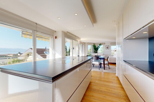 küche mit dark countertops, arbeitsplatten, flat panel cabinets, schränke mit flachen paneelen, und light floor