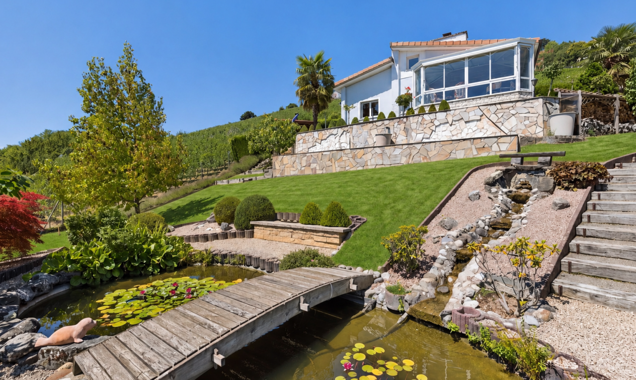 garden with a small pond and a lawn