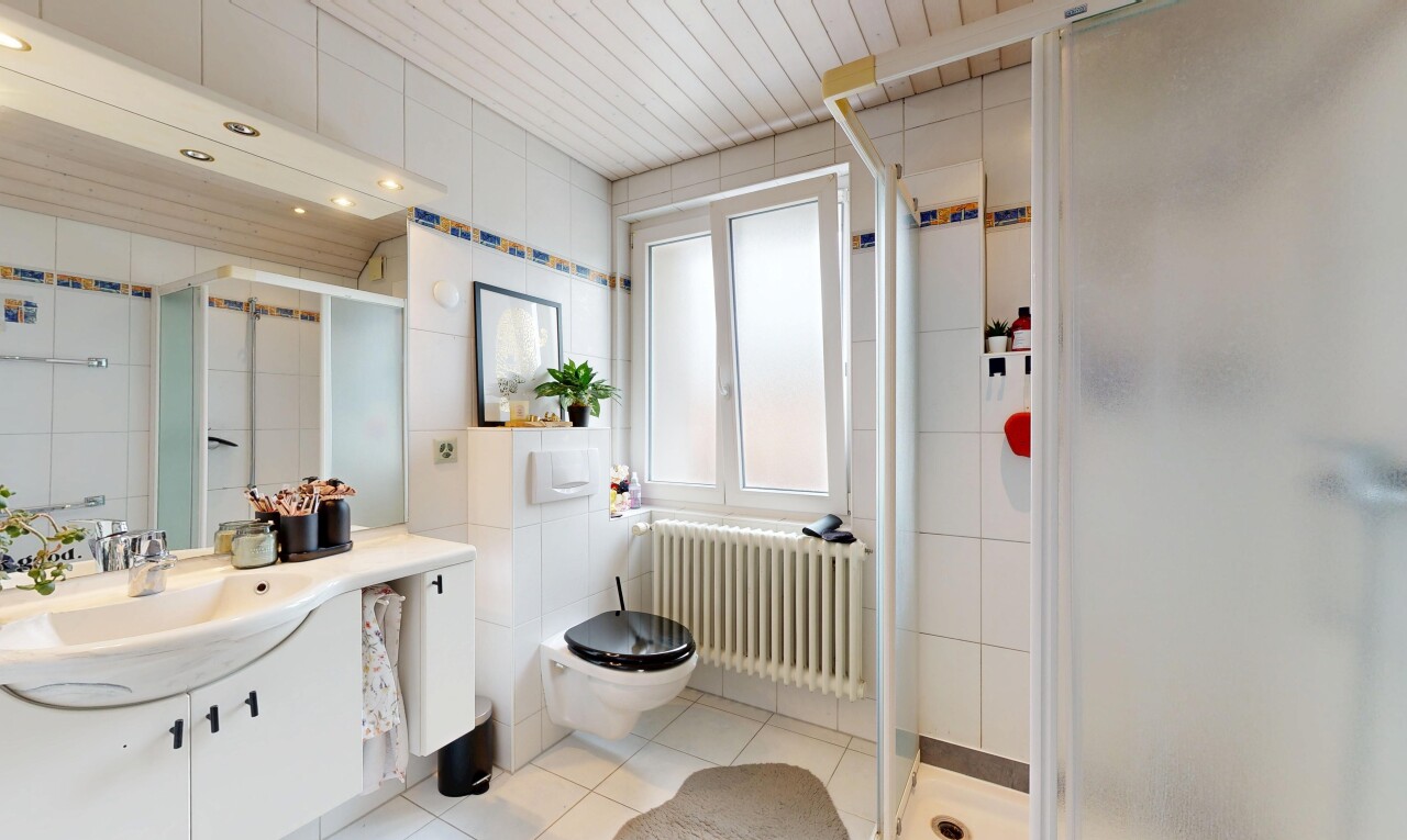 salle de bains avec radiateur, salle de bain complète, lavabo (ou coiffeuse selon le contexte), inside property, et douche
