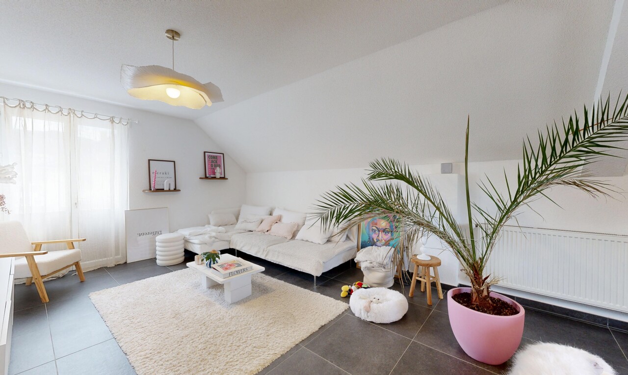salon avec plafond voûté, vaulted ceiling, inside property, lumière naturelle, et natural light