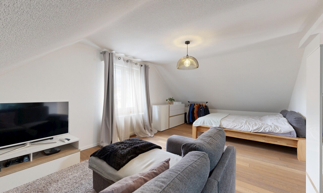 chambre avec télévision, plafond bas, low ceiling, plafond voûté, et vaulted ceiling