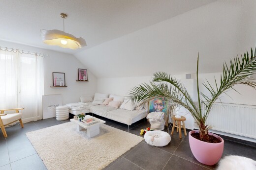 salon avec plafond voûté, vaulted ceiling, inside property, lumière naturelle, et natural light