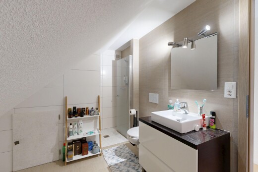 salle de bains avec plafond texturé, textured ceiling, toilette, salle de bain complète, et lavabo (ou coiffeuse selon le contexte)