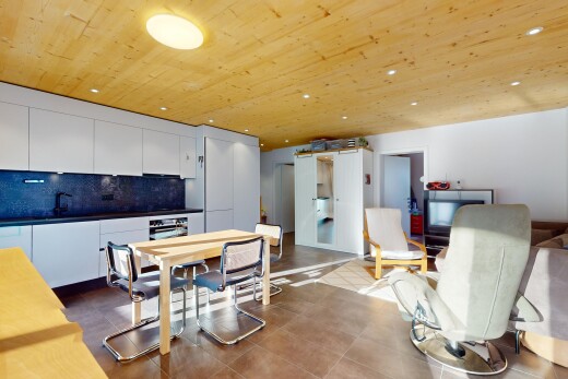 wohn- / esszimmer mit holzdecke, waschbecken, fernseher, und fliesenboden