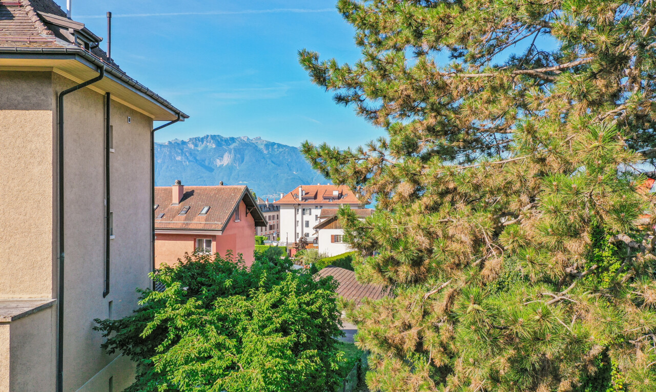 view of home with a mountain view and stucco siding
