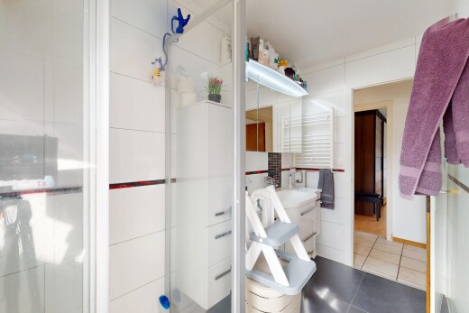 bad mit inside property, tile floor, fliesenboden, schminktisch, und handtuchwärmer