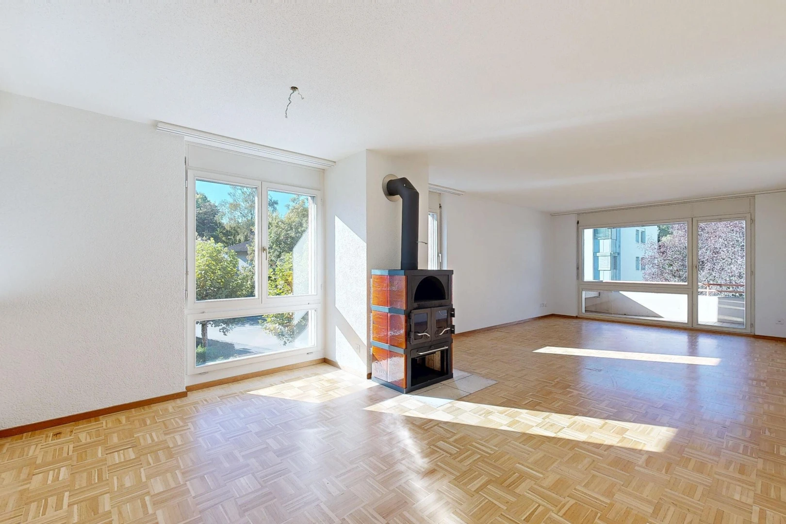 leerer raum mit holzofen, holzfußboden, wood finish floor, sockelleisten, und baseboards wall