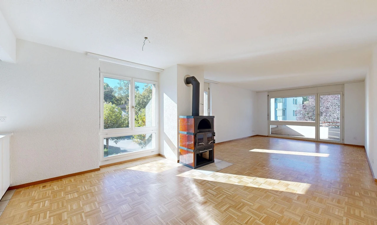 leerer raum mit holzofen, holzfußboden, wood finish floor, sockelleisten, und baseboards wall