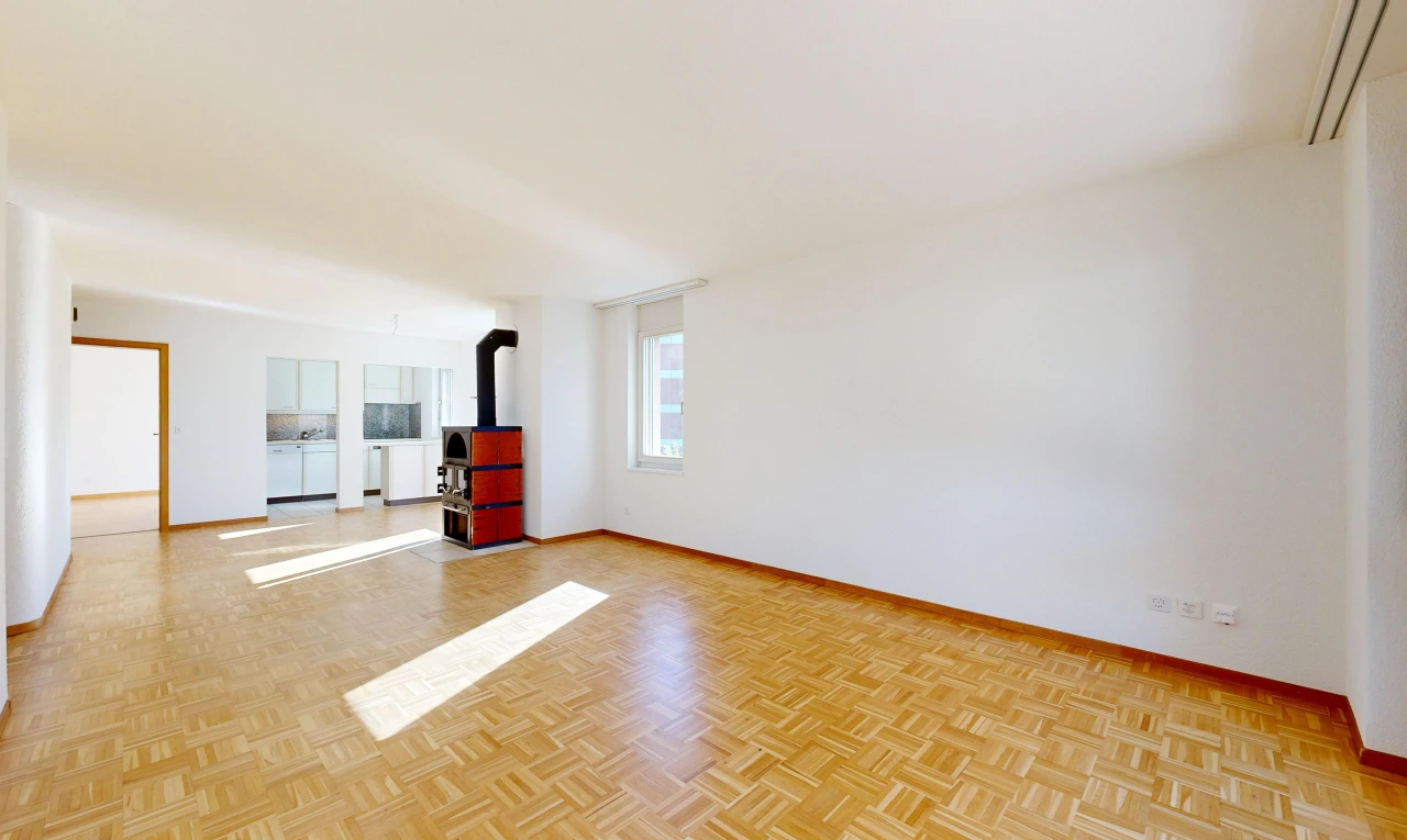 leerer raum mit holzofen, drywall, gipskartonwand, wood finish floor, und holzfußboden