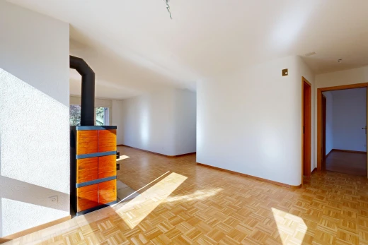 leerer raum mit wood finish floor, holzfußboden, holzofen, baseboards wall, und sockelleisten
