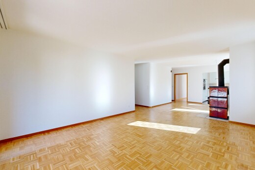 unfurnished room with a wood stove and parquet floors