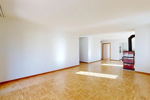 leerer raum mit drywall, gipskartonwand, baseboards wall, sockelleisten, und holzofen