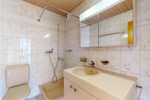 bad mit tile wall, fliesenwand, spiegel, toilette, und komplettes badezimmer