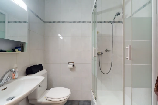 salle de bains avec miroir, douche, vasque, porte de douche, et toilette