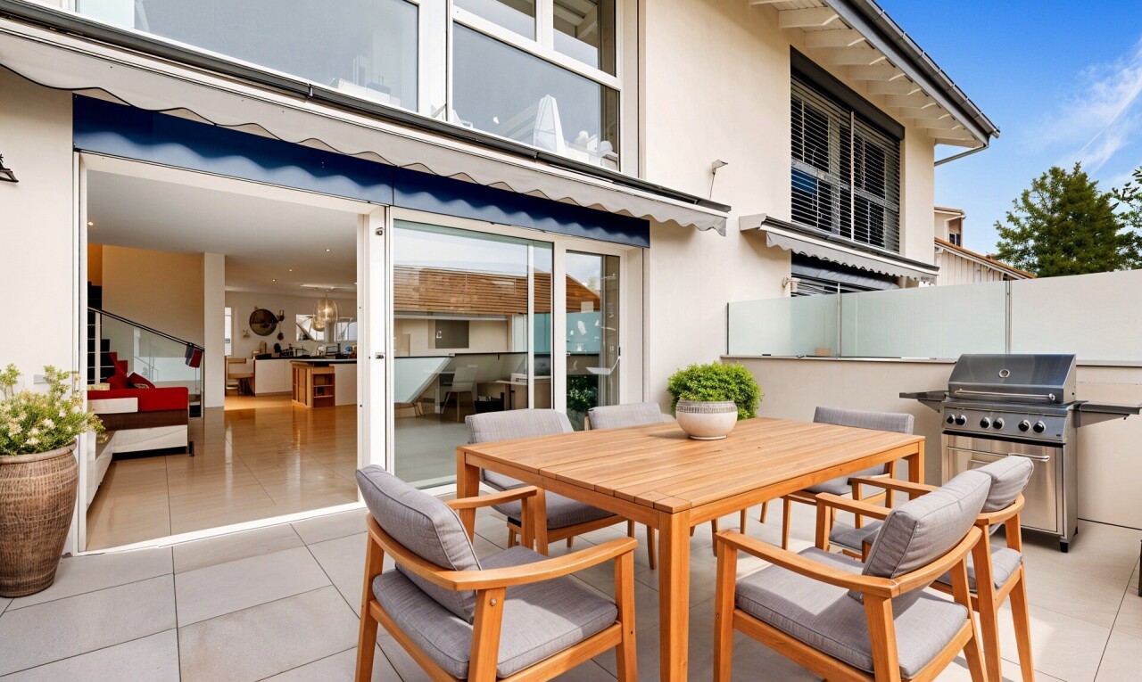 terrasse mit essbereich im freien, terrasse, und grill