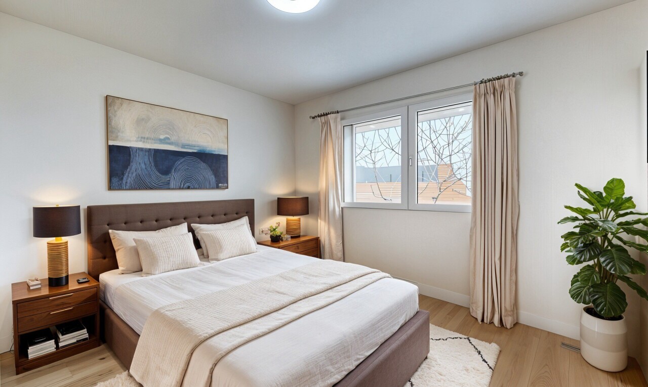 zimmer / schlafzimmer mit sockelleisten, natürliches licht, gipskartonwand, und holzfußboden