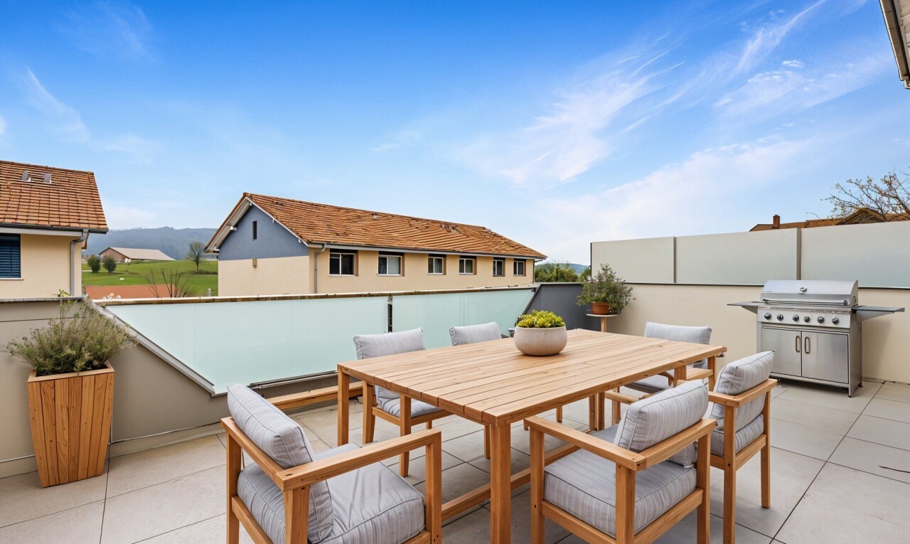 terrasse mit essbereich im freien, terrasse, und grill