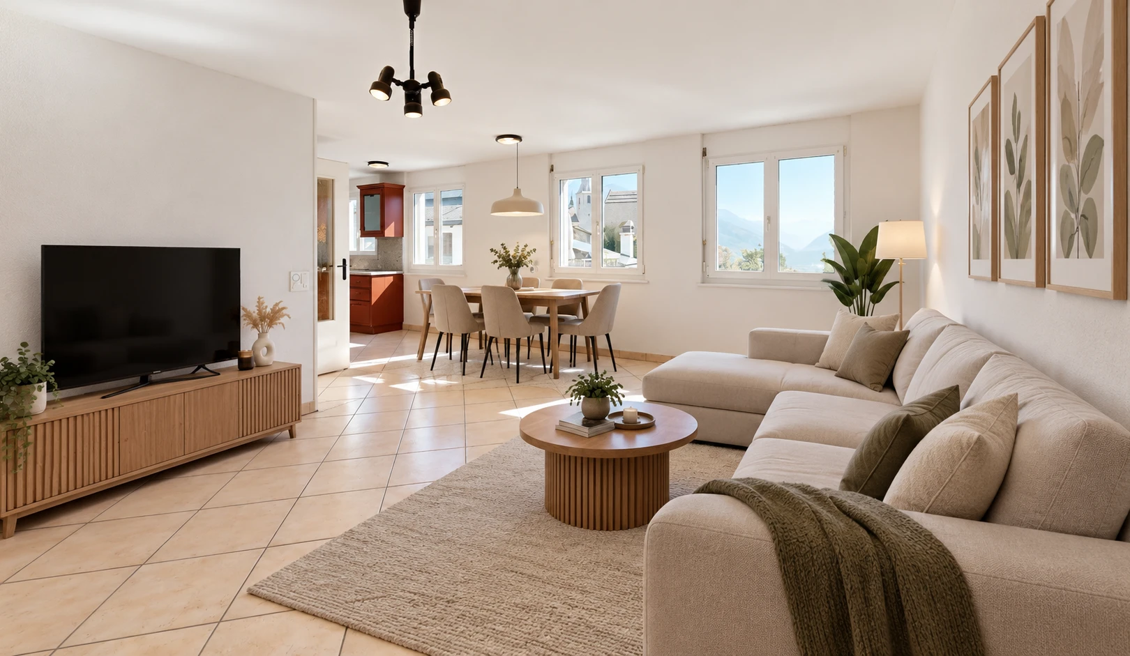 pièce vide avec lumière naturelle, light floor, tile floor, sol en carrelage, et baseboards wall