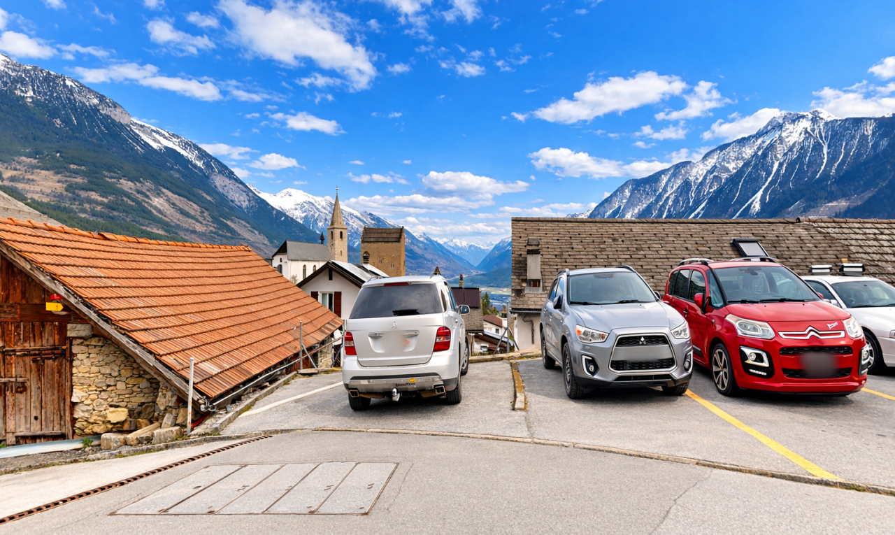 vue sur la montagne avec vue sur la montagne, mountain view, day time, vue sur le parking, et parking lot view