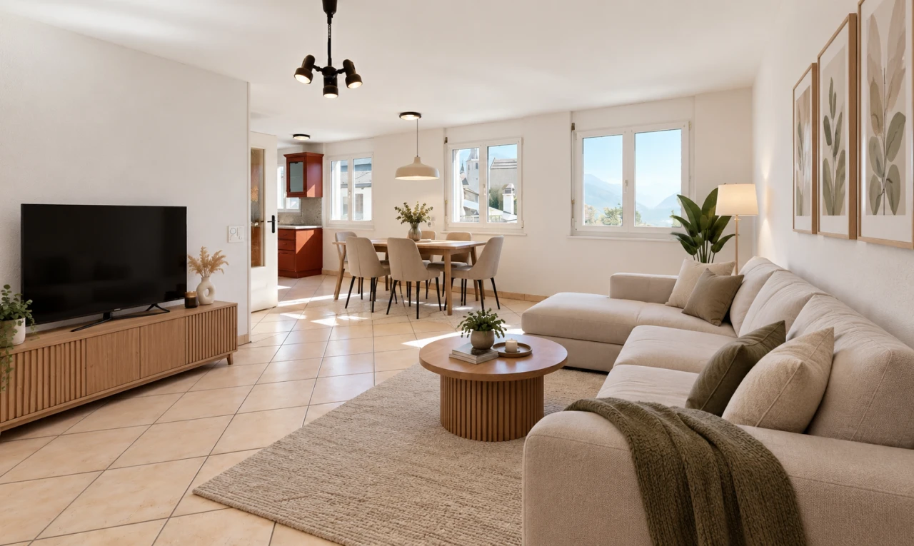 pièce vide avec lumière naturelle, light floor, tile floor, sol en carrelage, et baseboards wall