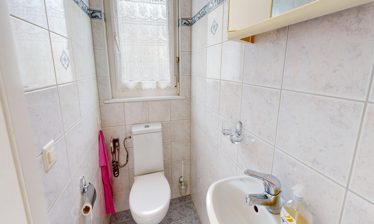 salle de bains avec inside property, toilette, mur en carrelage, tile wall, et lumière naturelle