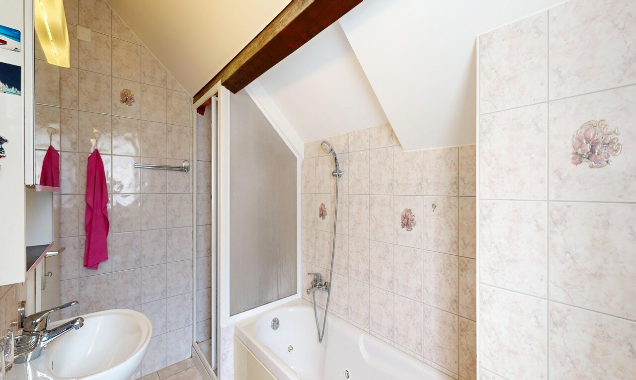 salle de bains avec mur en carrelage, tile wall, salle de bain complète, évier, et plafond voûté