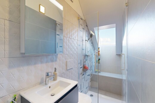 salle de bains avec lavabo (ou coiffeuse selon le contexte), douche, salle de bain complète, miroir, et toilette