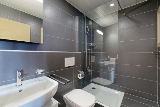 salle de bains avec mur en carrelage, tile wall, miroir, douche, et salle de bain complète