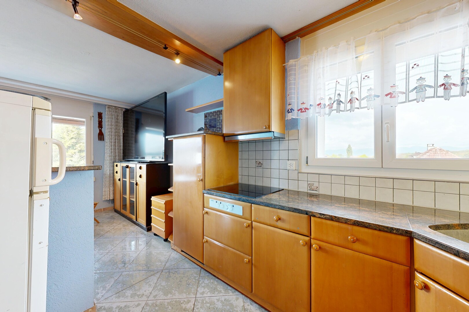 küche mit deckenbeleuchtung, küchenrückwand beim Herd, küchenrückwand beim herd, kühlschrank, und fernseher