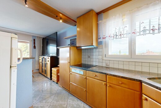küche mit deckenbeleuchtung, küchenrückwand beim Herd, küchenrückwand beim herd, kühlschrank, und fernseher