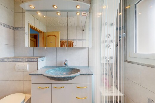bad mit tile wall, fliesenwand, schminktisch, spiegel, und dusche