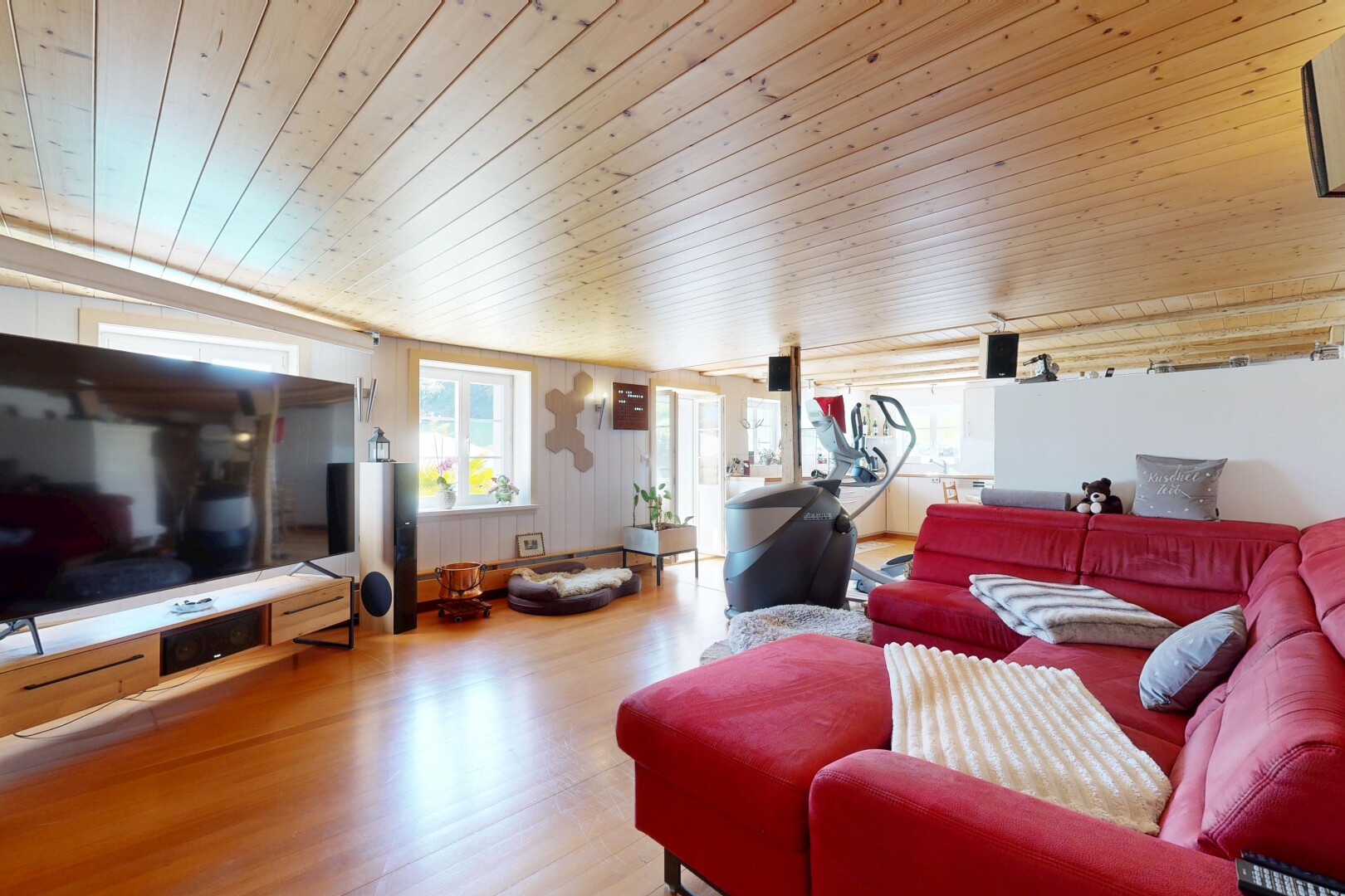 salon avec télévision, natural light, lumière naturelle, wood finish floor, et sol en finition bois