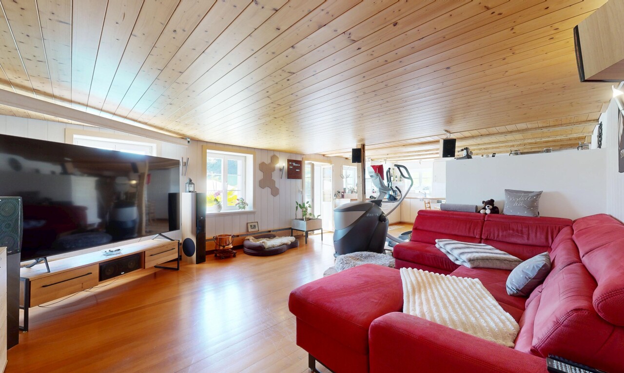 salon avec télévision, natural light, lumière naturelle, wood finish floor, et sol en finition bois
