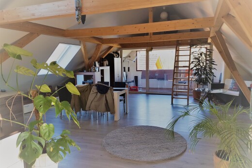 wohn- / esszimmer mit vaulted ceiling, dachschräge, inside property, dachfenster, und wood finish floor