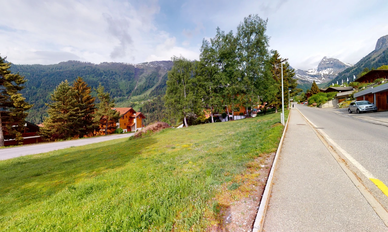 vue de la rue avec vue sur la montagne et pelouse