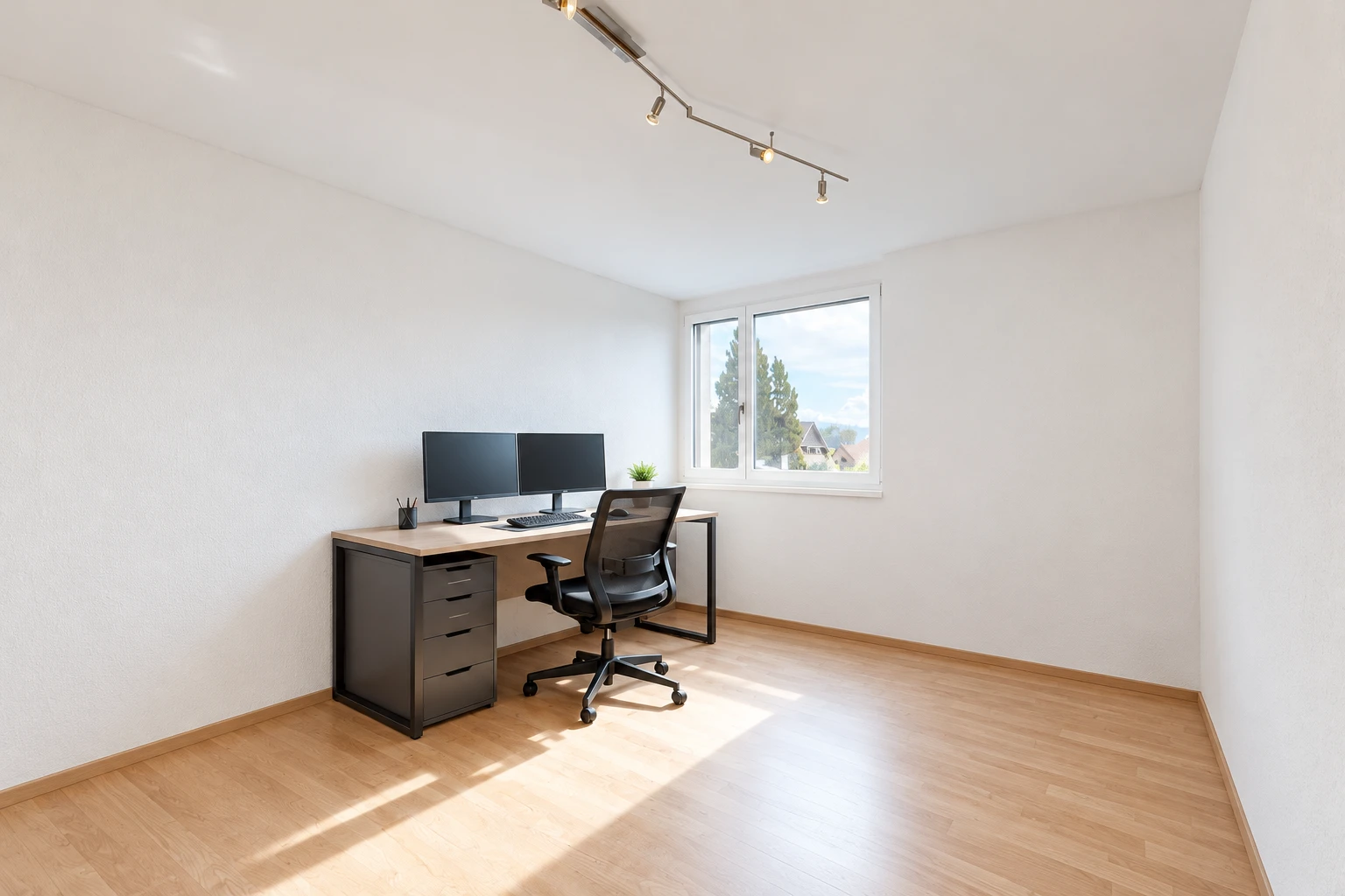 büro mit deckenbeleuchtung, holzfußboden, wood finish floor, gipskartonwand, und drywall