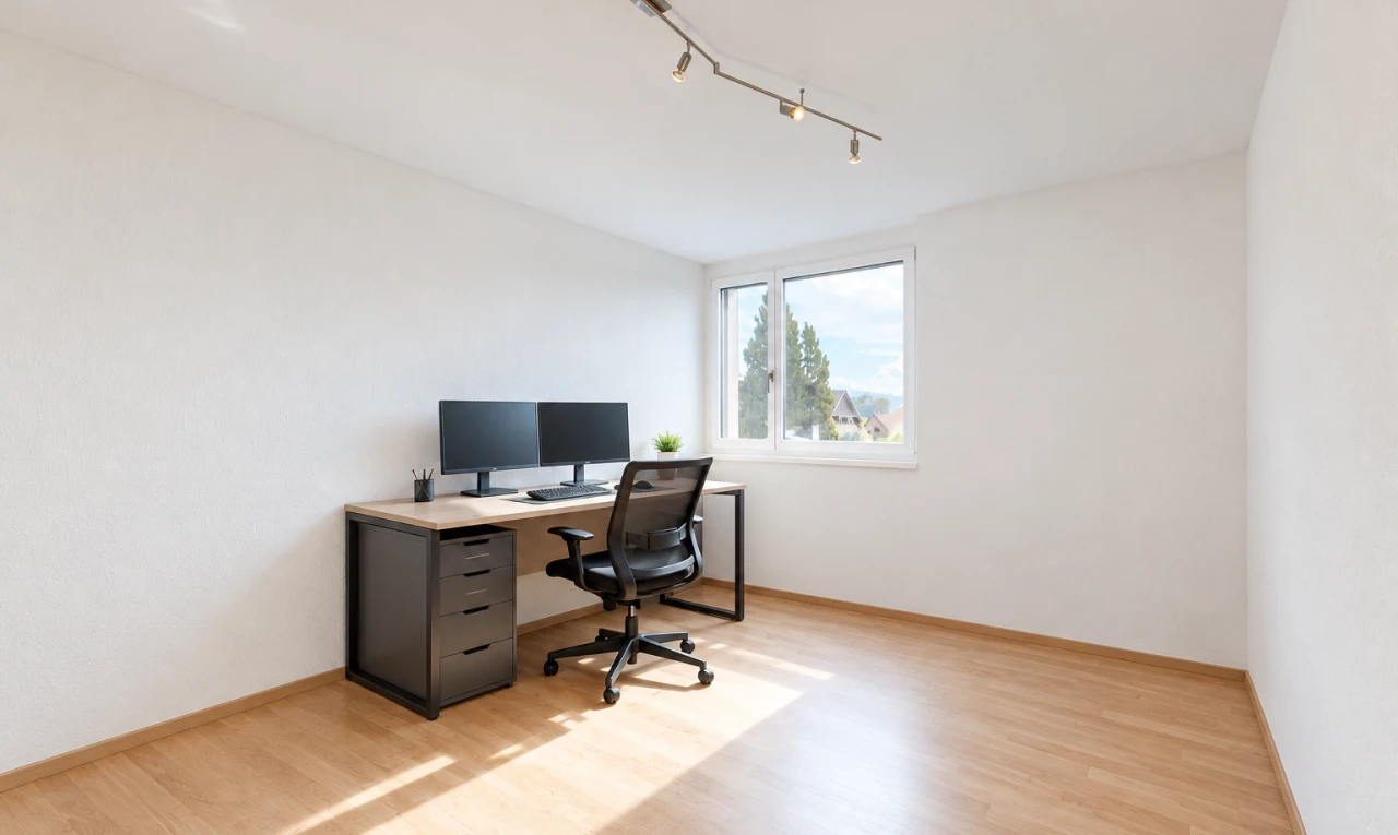 büro mit deckenbeleuchtung, holzfußboden, wood finish floor, gipskartonwand, und drywall