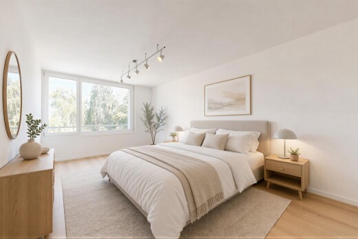 zimmer / schlafzimmer mit holzfußboden, wood finish floor, gipskartonwand, drywall, und inside property