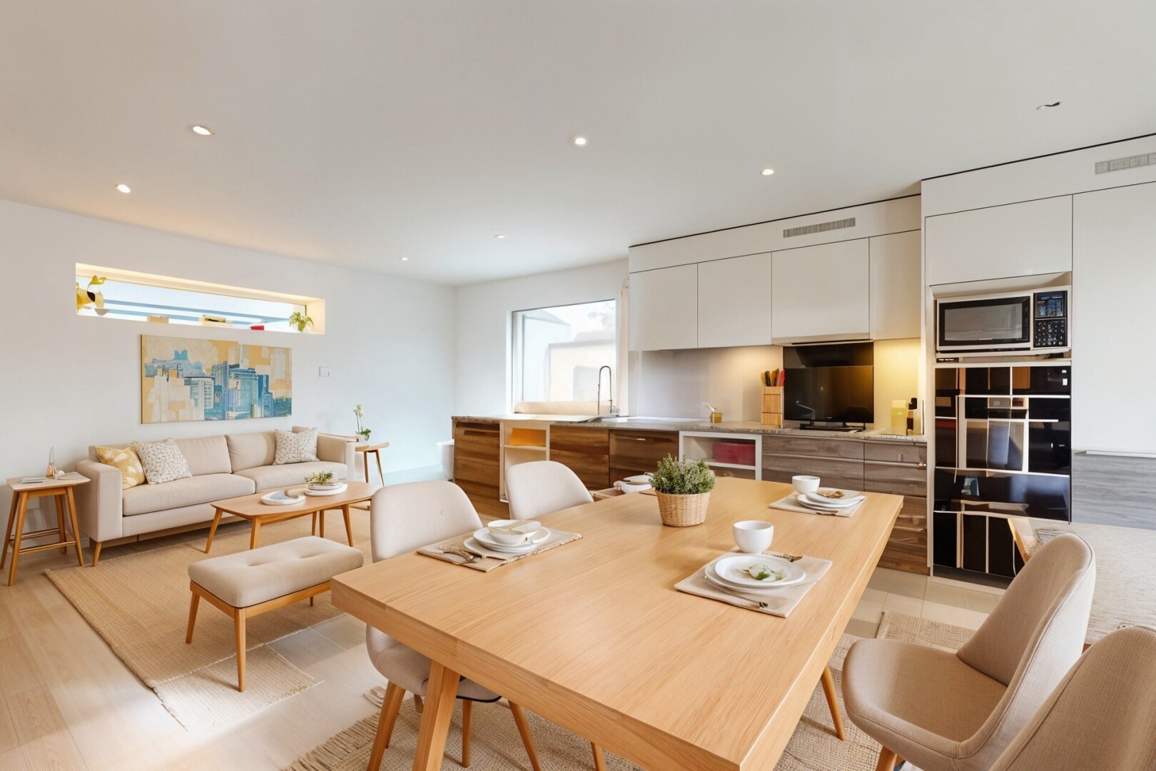küche mit fernseher, ofen, schränke mit flachen paneelen, inside property, und weiße schränke