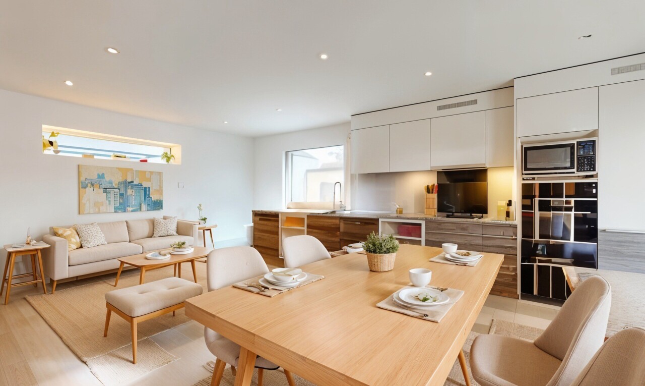 küche mit fernseher, ofen, schränke mit flachen paneelen, inside property, und weiße schränke