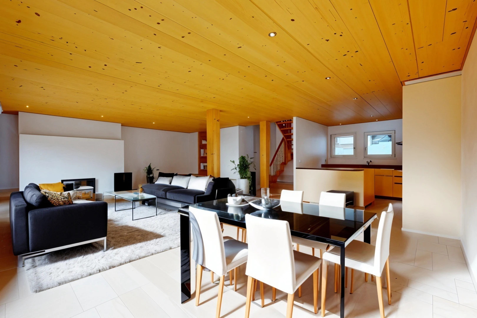 living / dining room with wooden ceiling